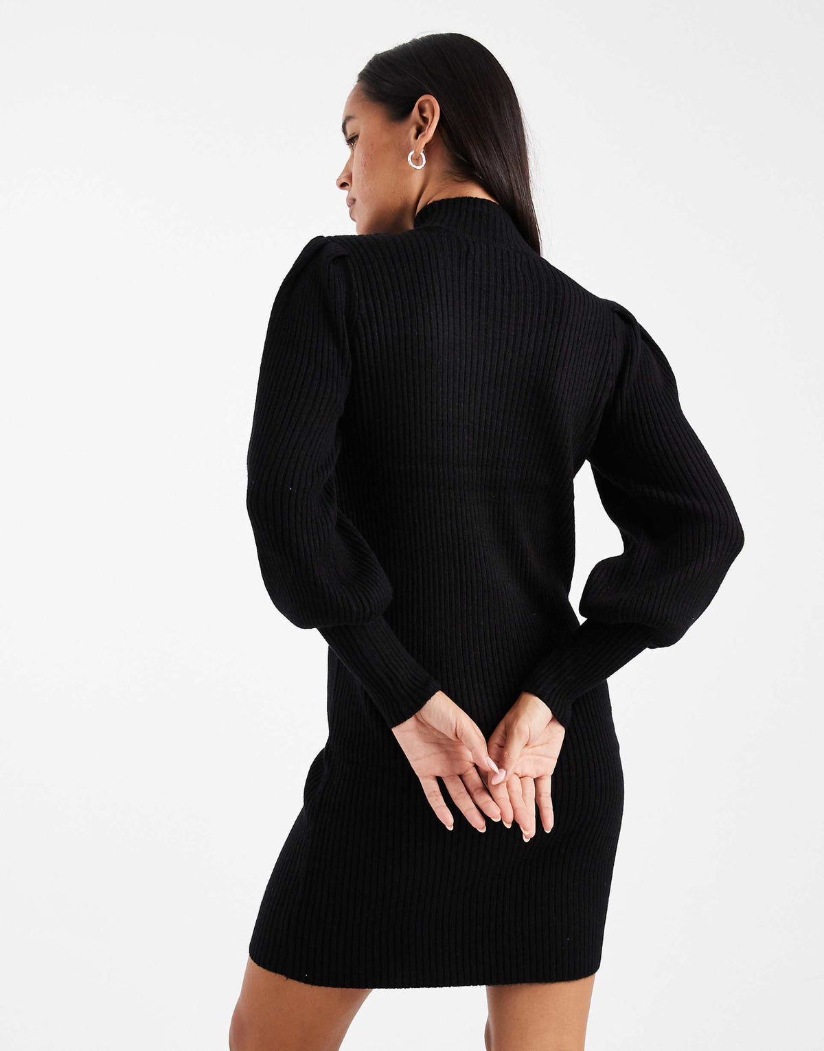 Only high neck puff sleeve mini sweater dress in black