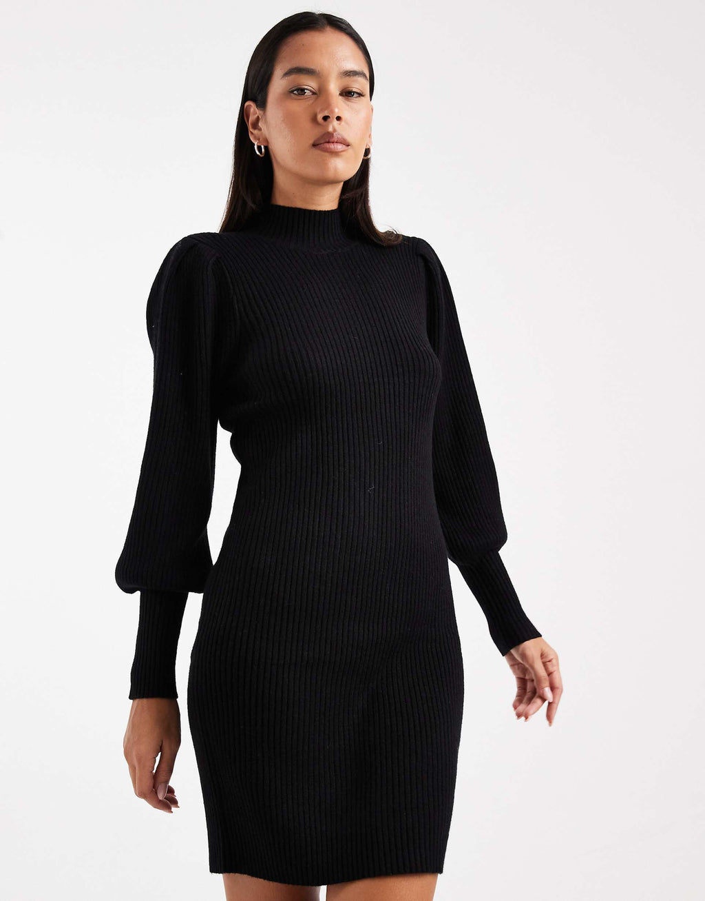 Only high neck puff sleeve mini sweater dress in black