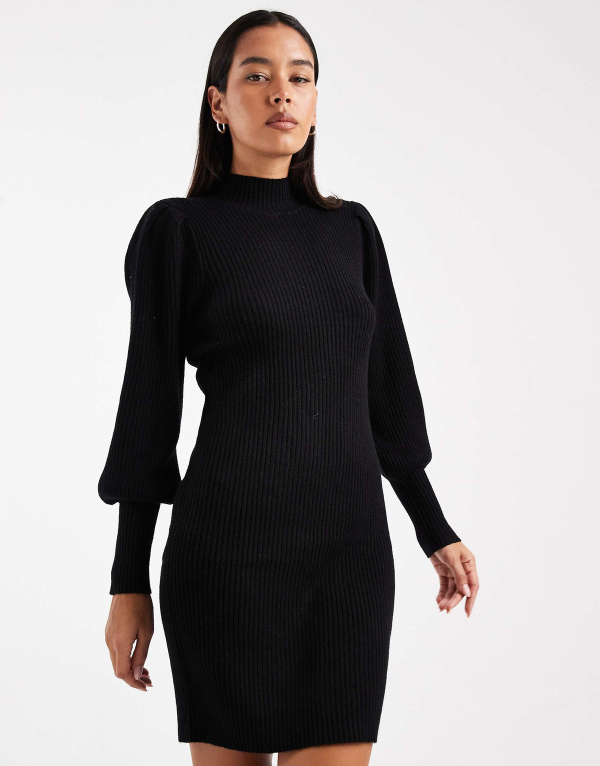 Only high neck puff sleeve mini sweater dress in black