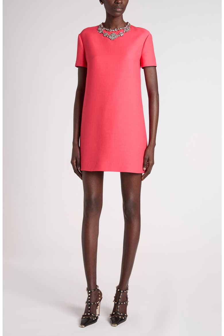 Rhinestone Embellished Wool & Silk Crepe Couture Minidress