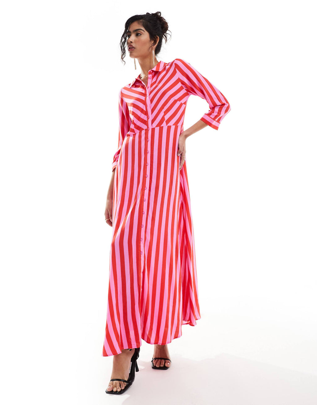 YAS maxi shirt dress in pink and red stripe