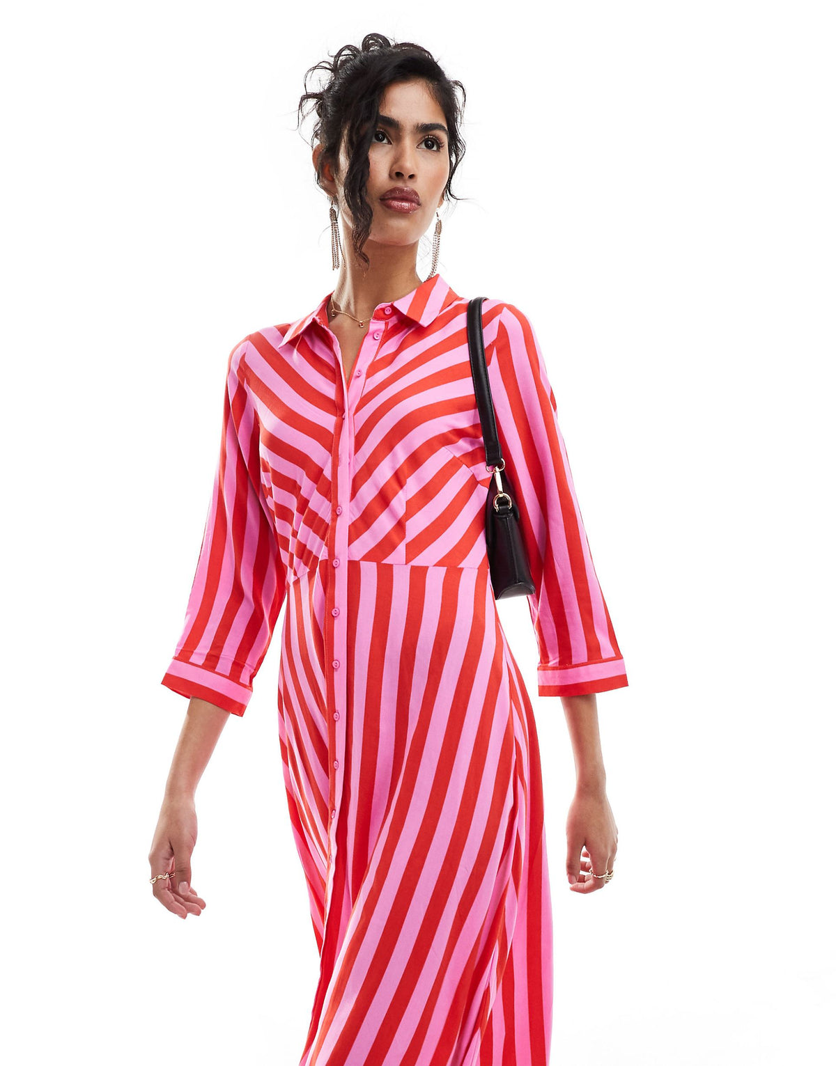 YAS maxi shirt dress in pink and red stripe