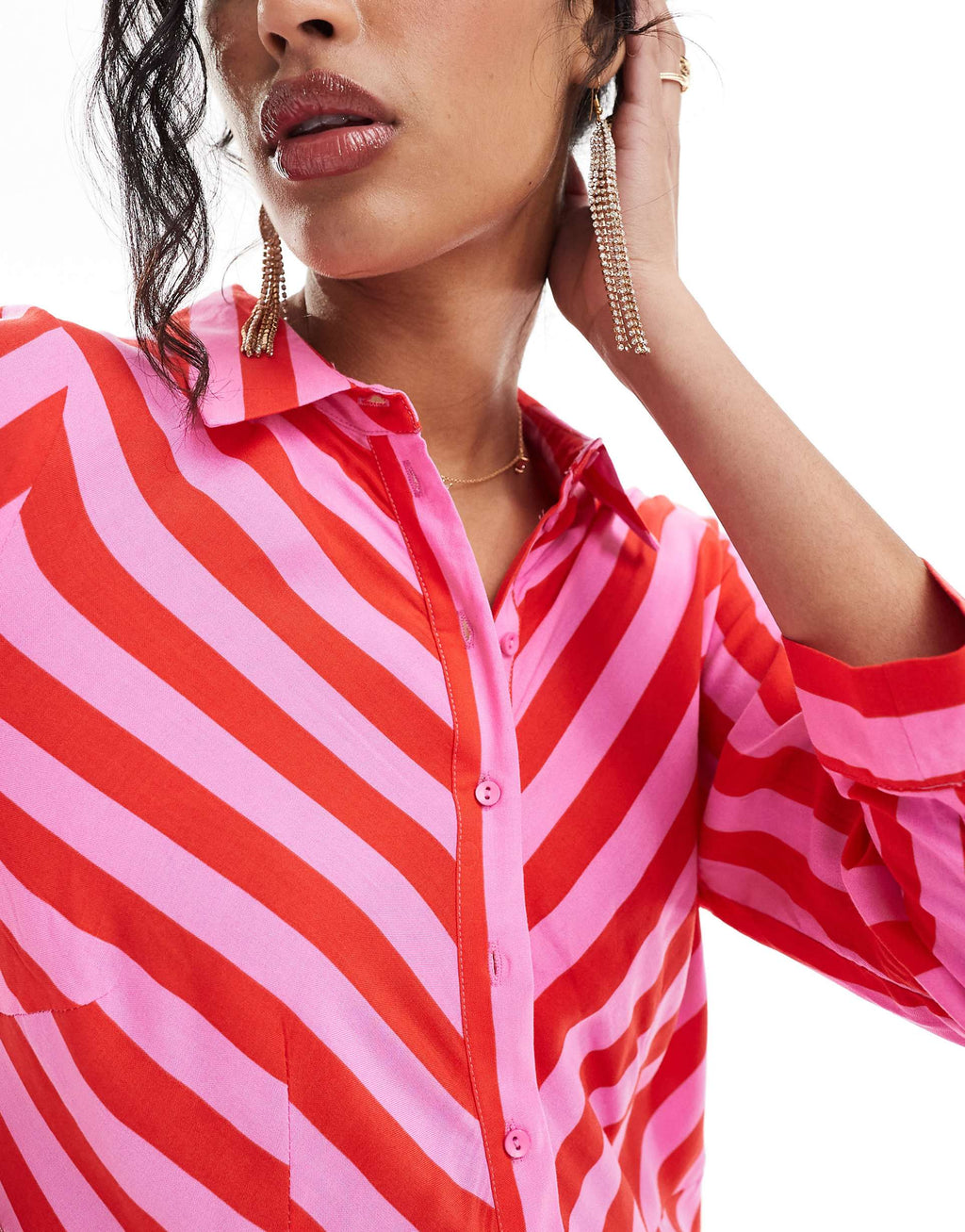 YAS maxi shirt dress in pink and red stripe