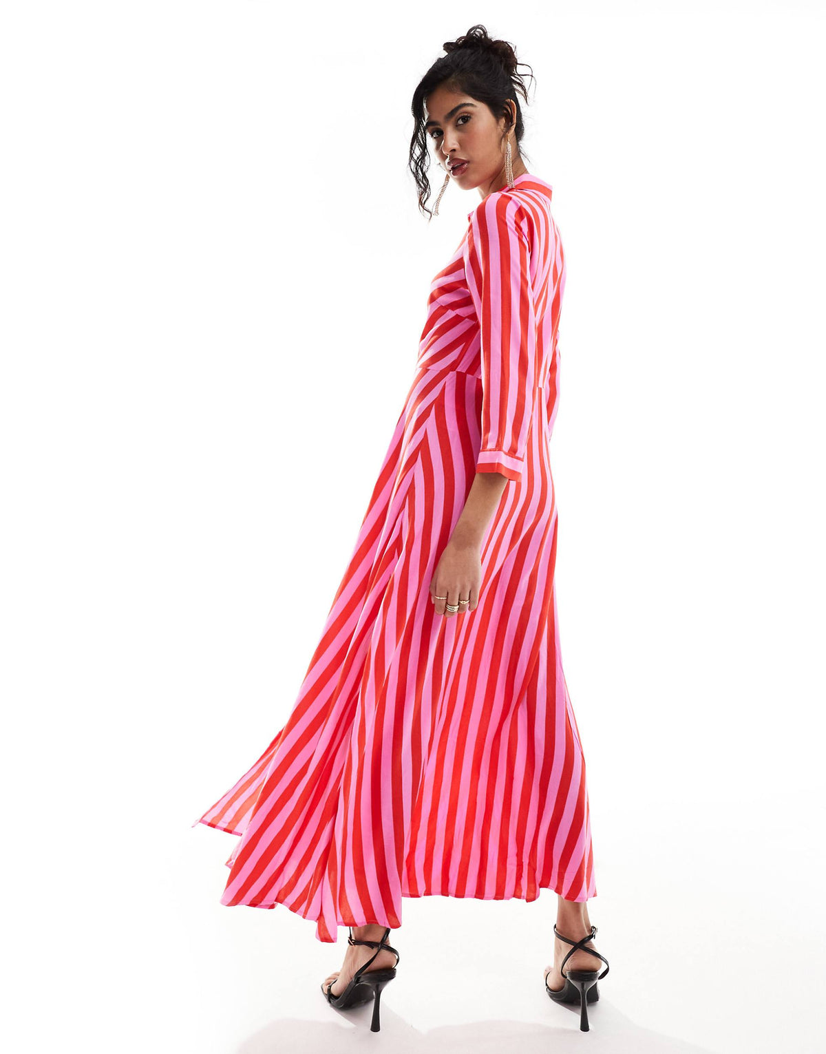 YAS maxi shirt dress in pink and red stripe