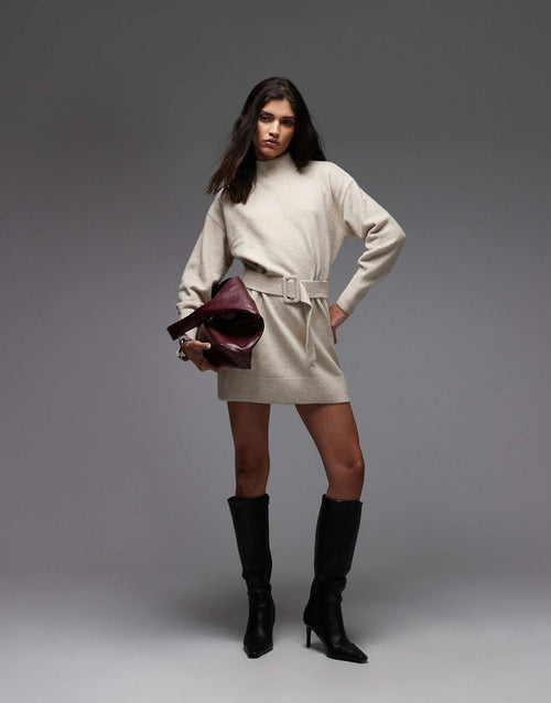 & Other Stories belted knitted dress in light beige