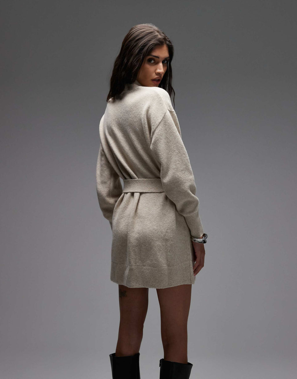 & Other Stories belted knitted dress in light beige