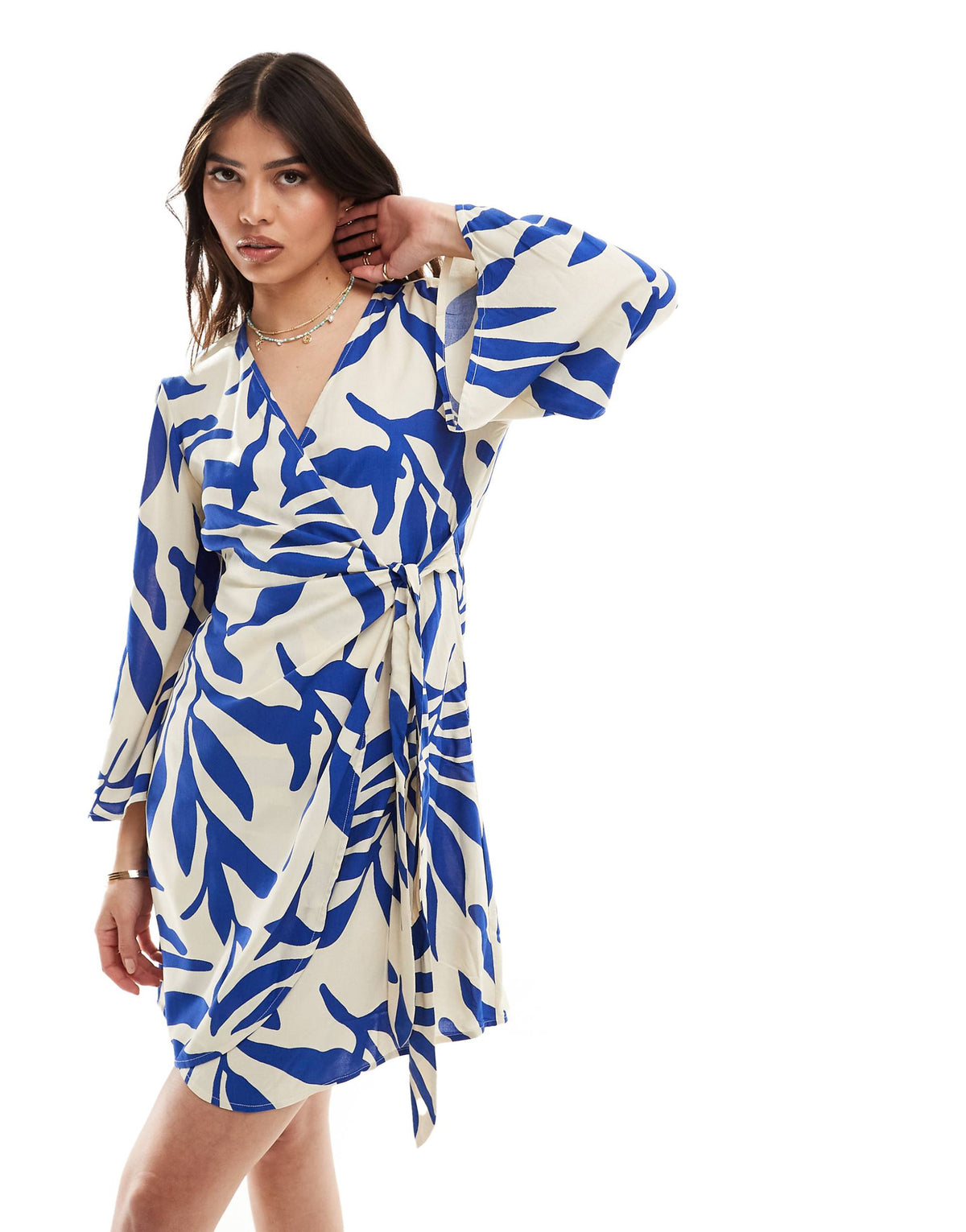 JDY wrap dress beige with blue palm print