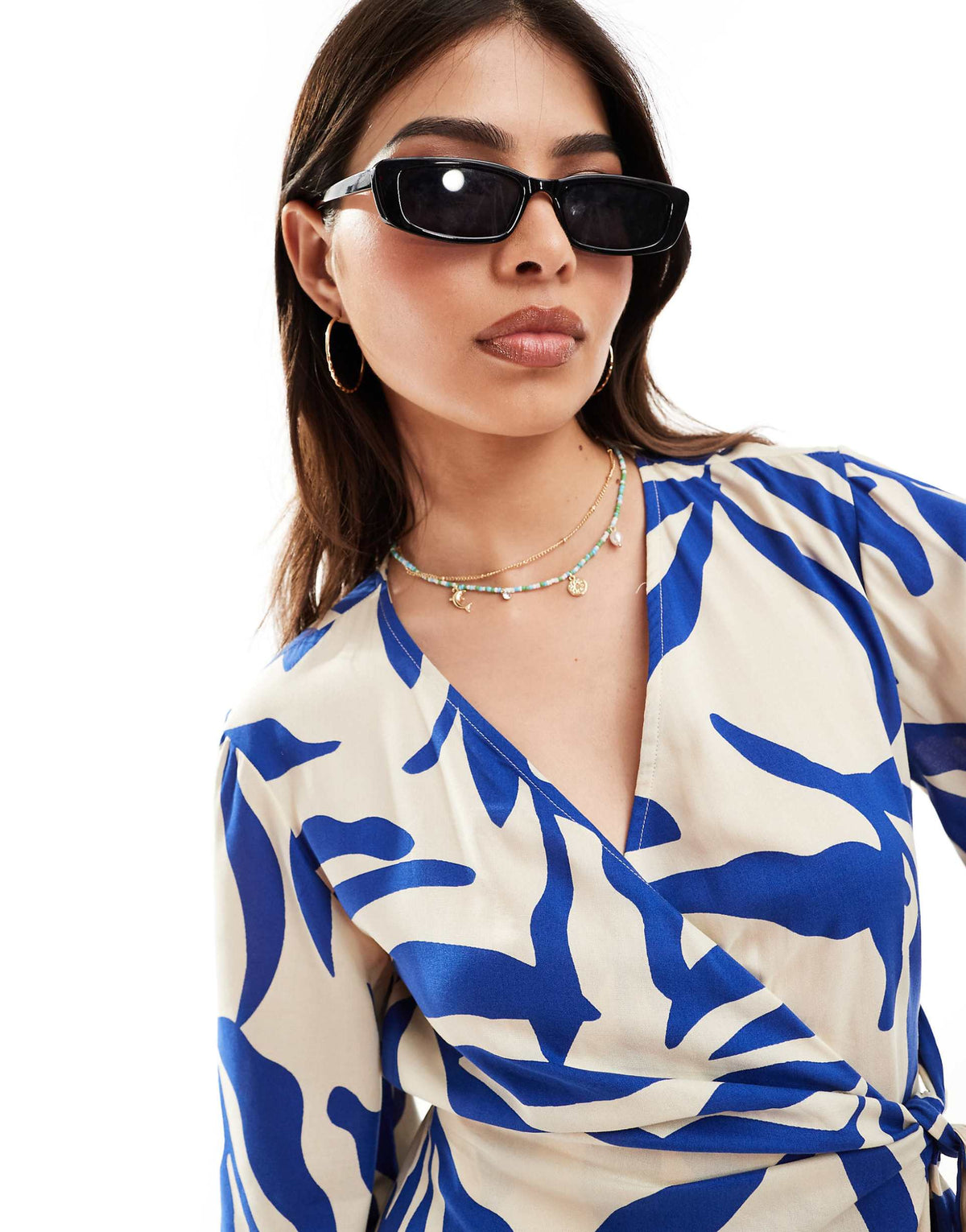 JDY wrap dress beige with blue palm print