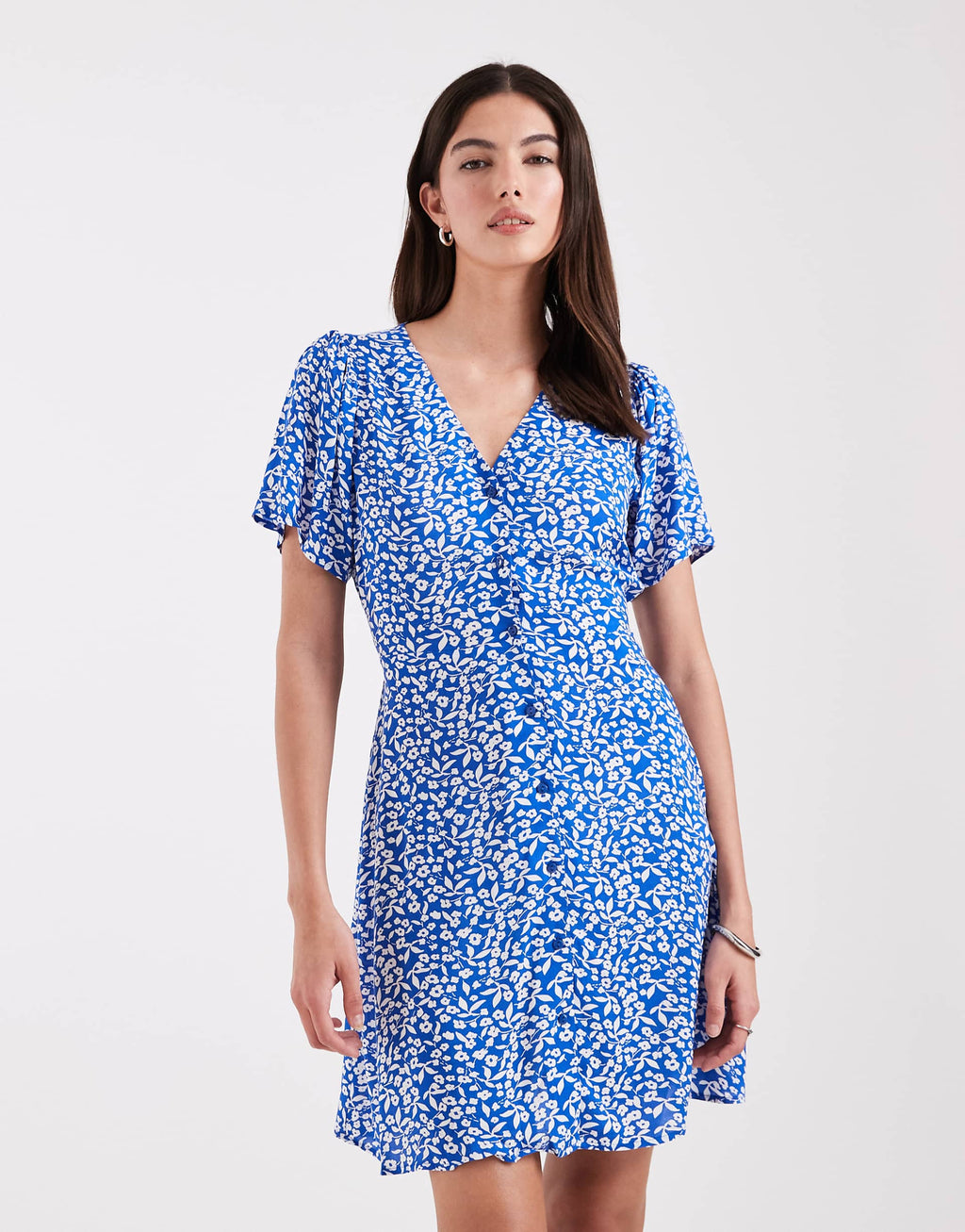 ONLY V-neck tie waist mini dress in dark blue floral