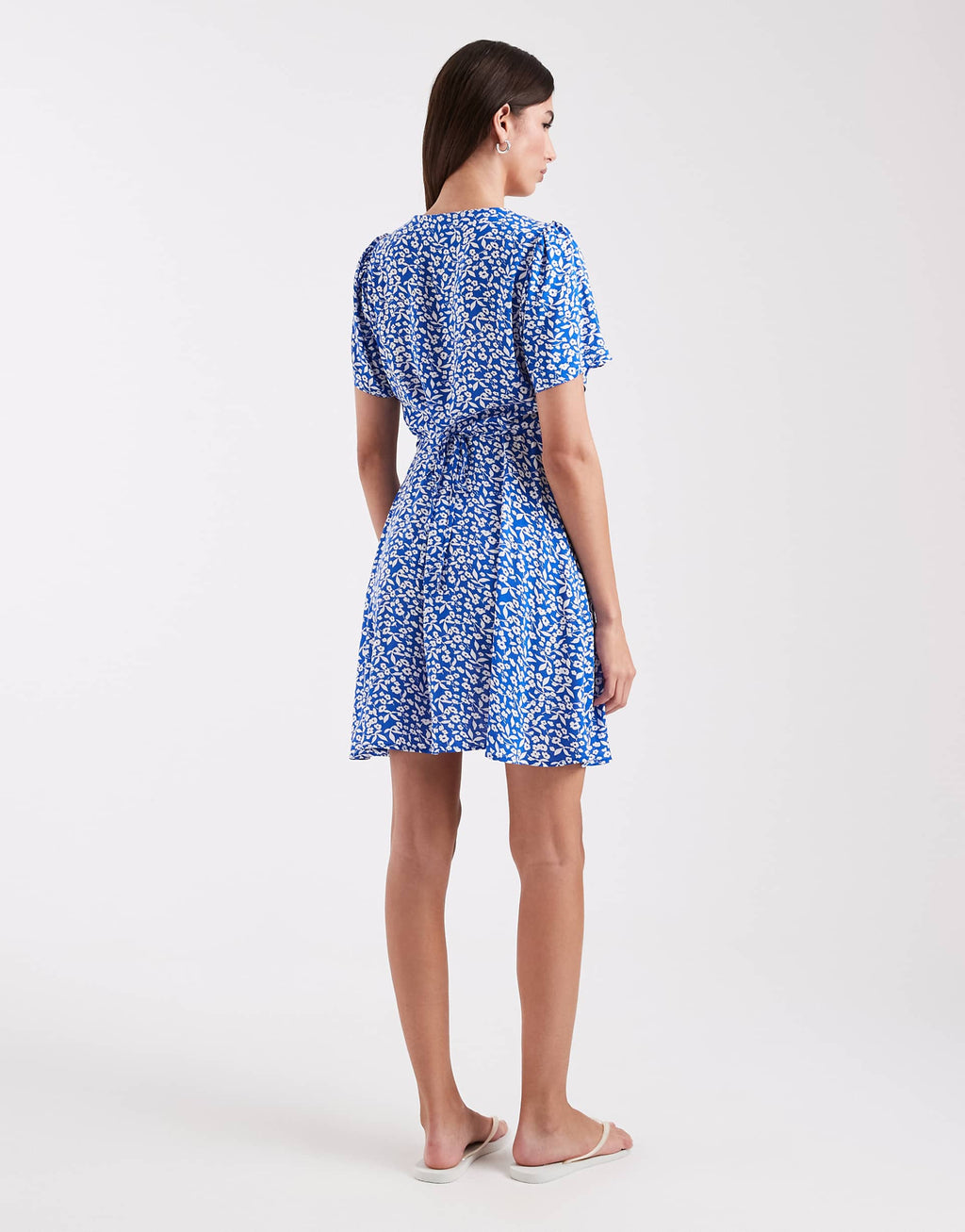 ONLY V-neck tie waist mini dress in dark blue floral