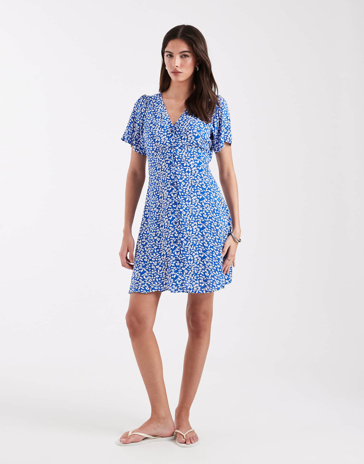 ONLY V-neck tie waist mini dress in dark blue floral
