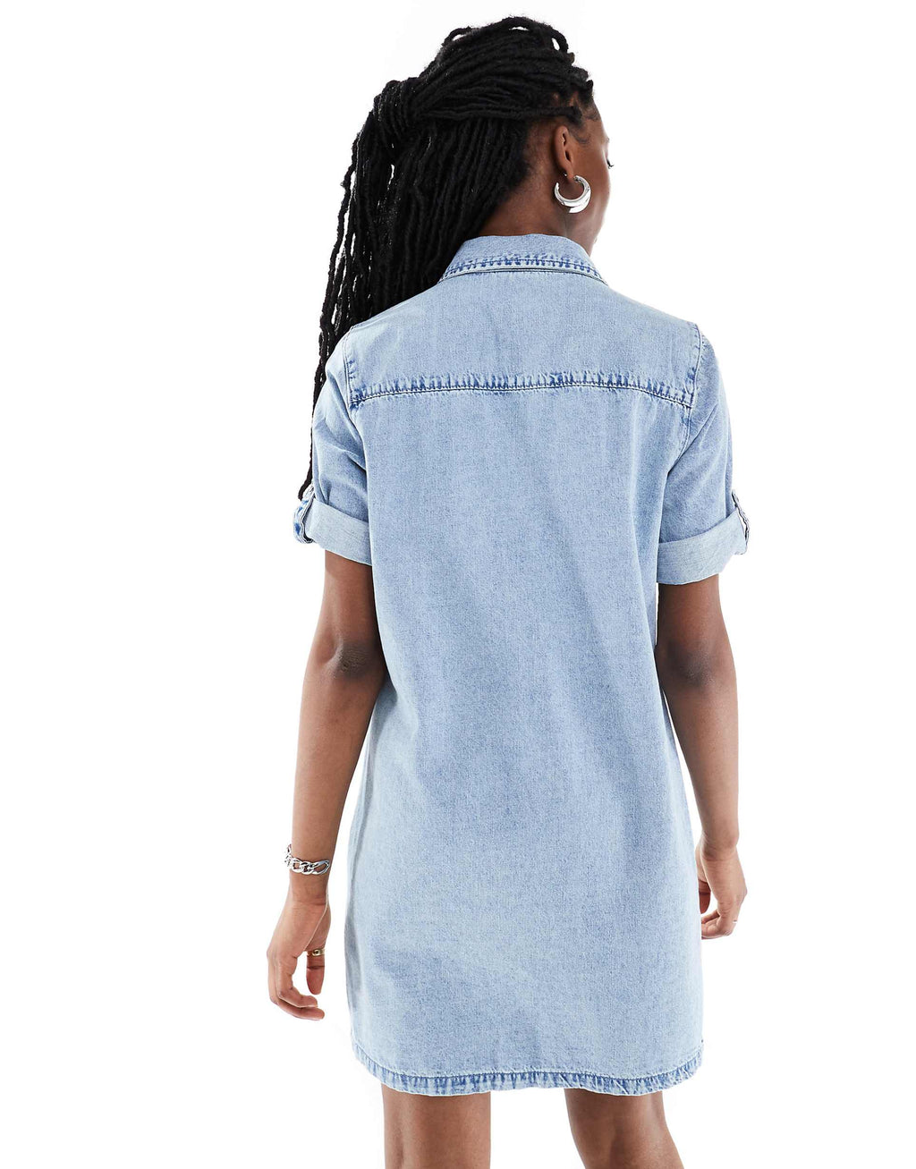 Noisy May rolled sleeve denim mini dress in light blue wash