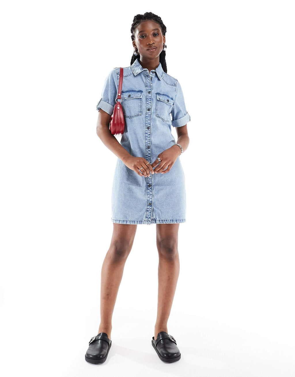 Noisy May rolled sleeve denim mini dress in light blue wash