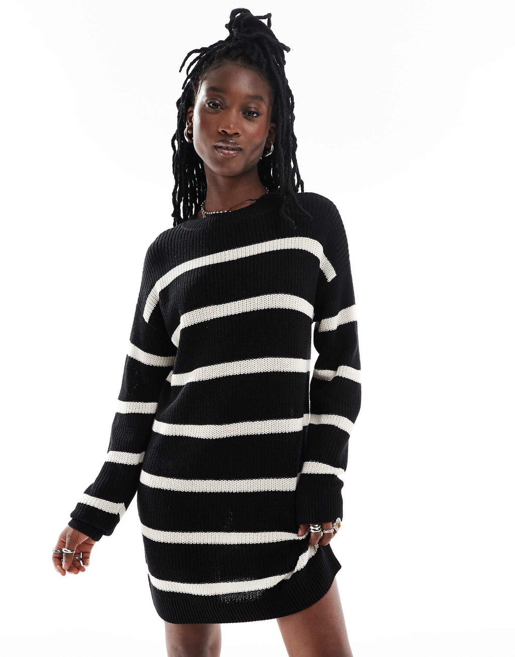Noisy May oversize knitted sweater dress in black & cream stripe