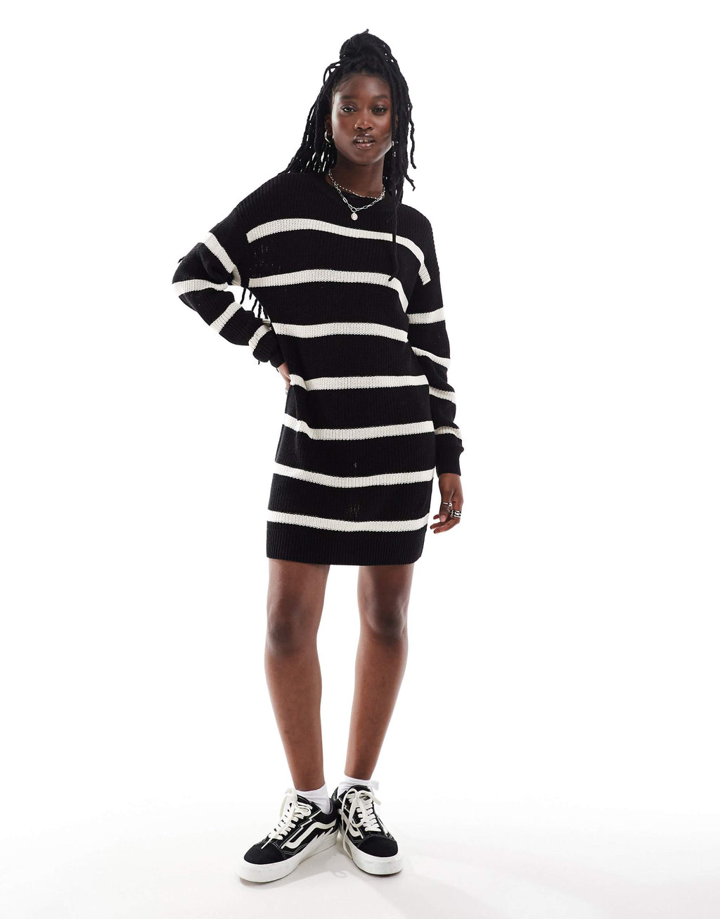 Noisy May oversize knitted sweater dress in black & cream stripe