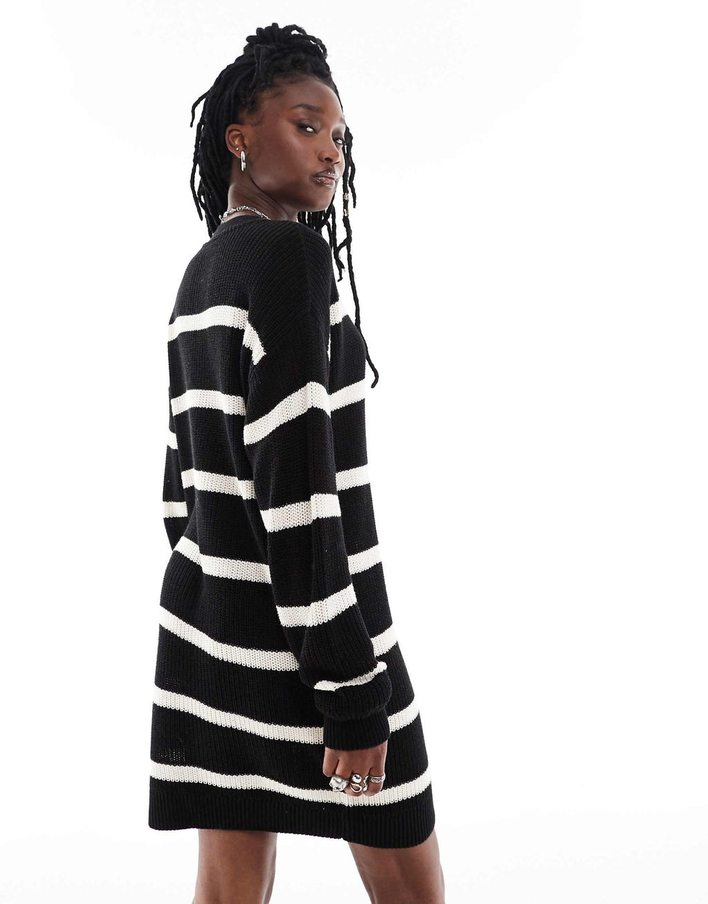 Noisy May oversize knitted sweater dress in black & cream stripe