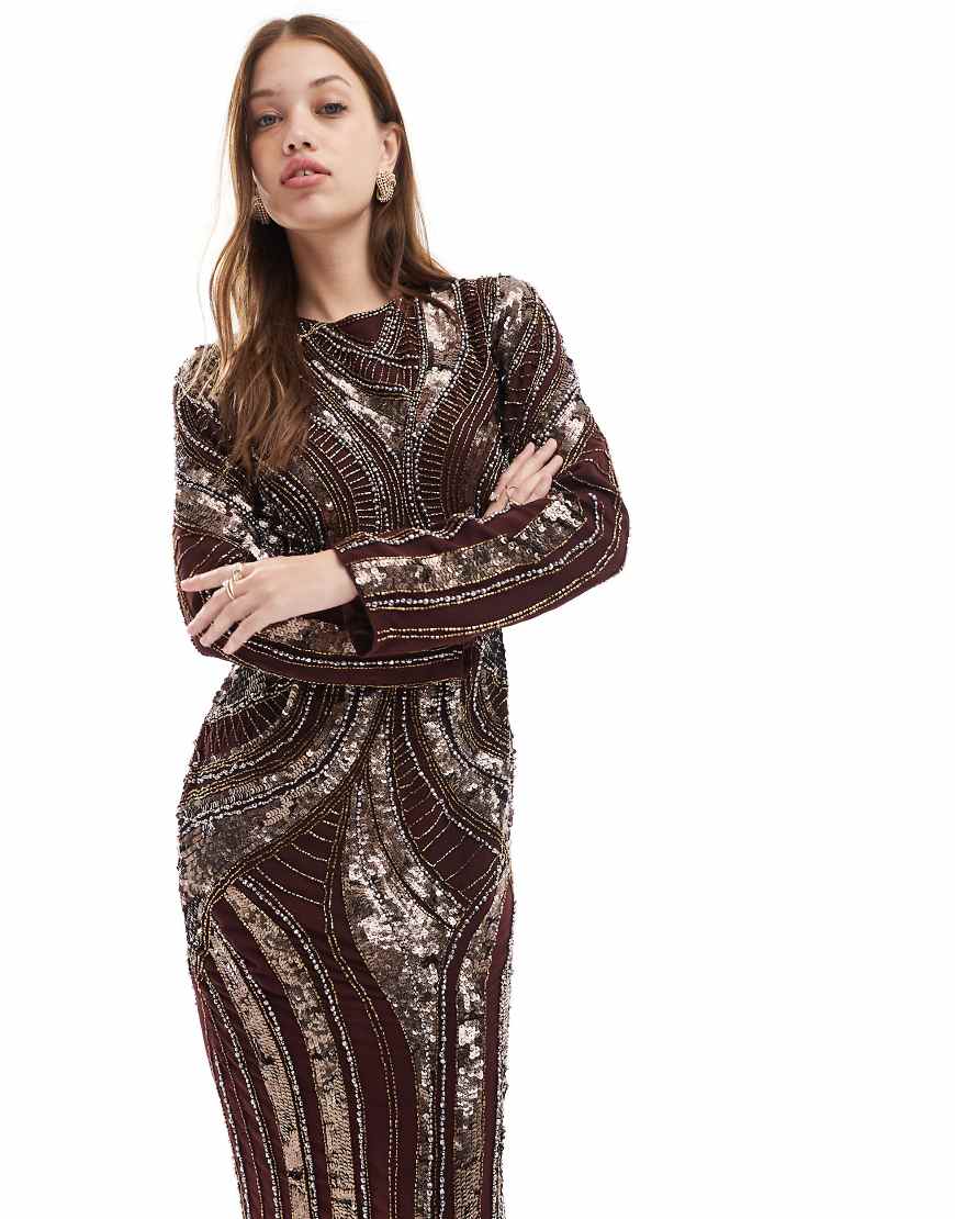 ASOS DESIGN allover embellished long sleeve column maxi dress in burgundy