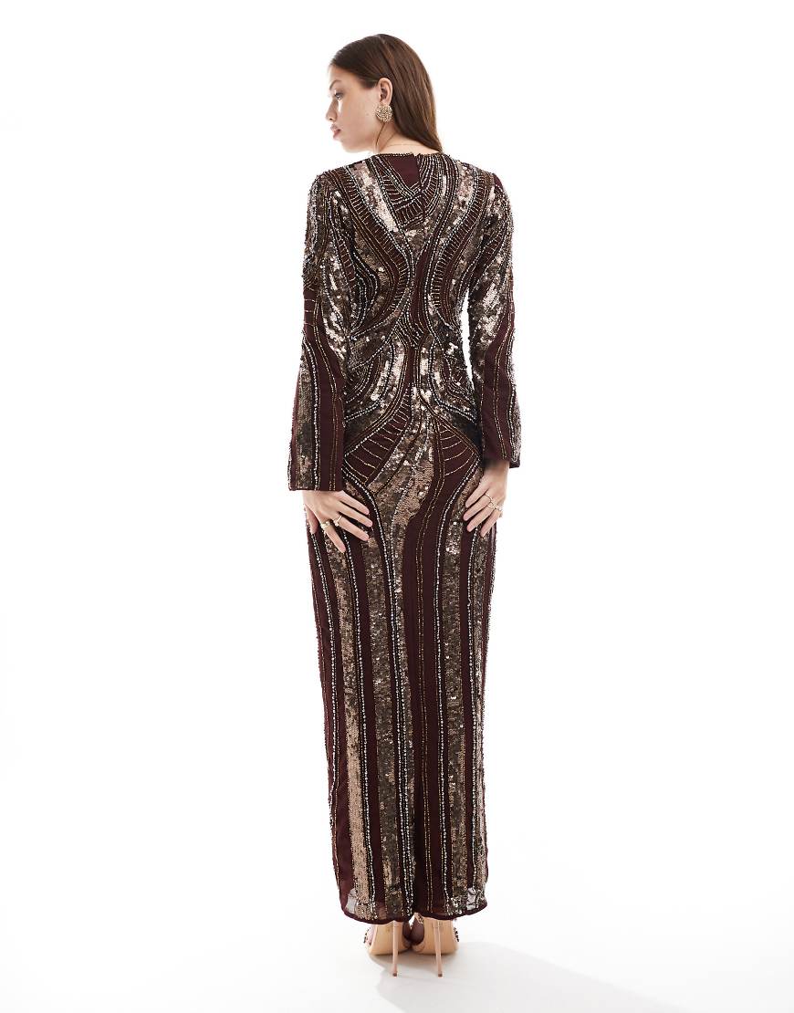 ASOS DESIGN allover embellished long sleeve column maxi dress in burgundy