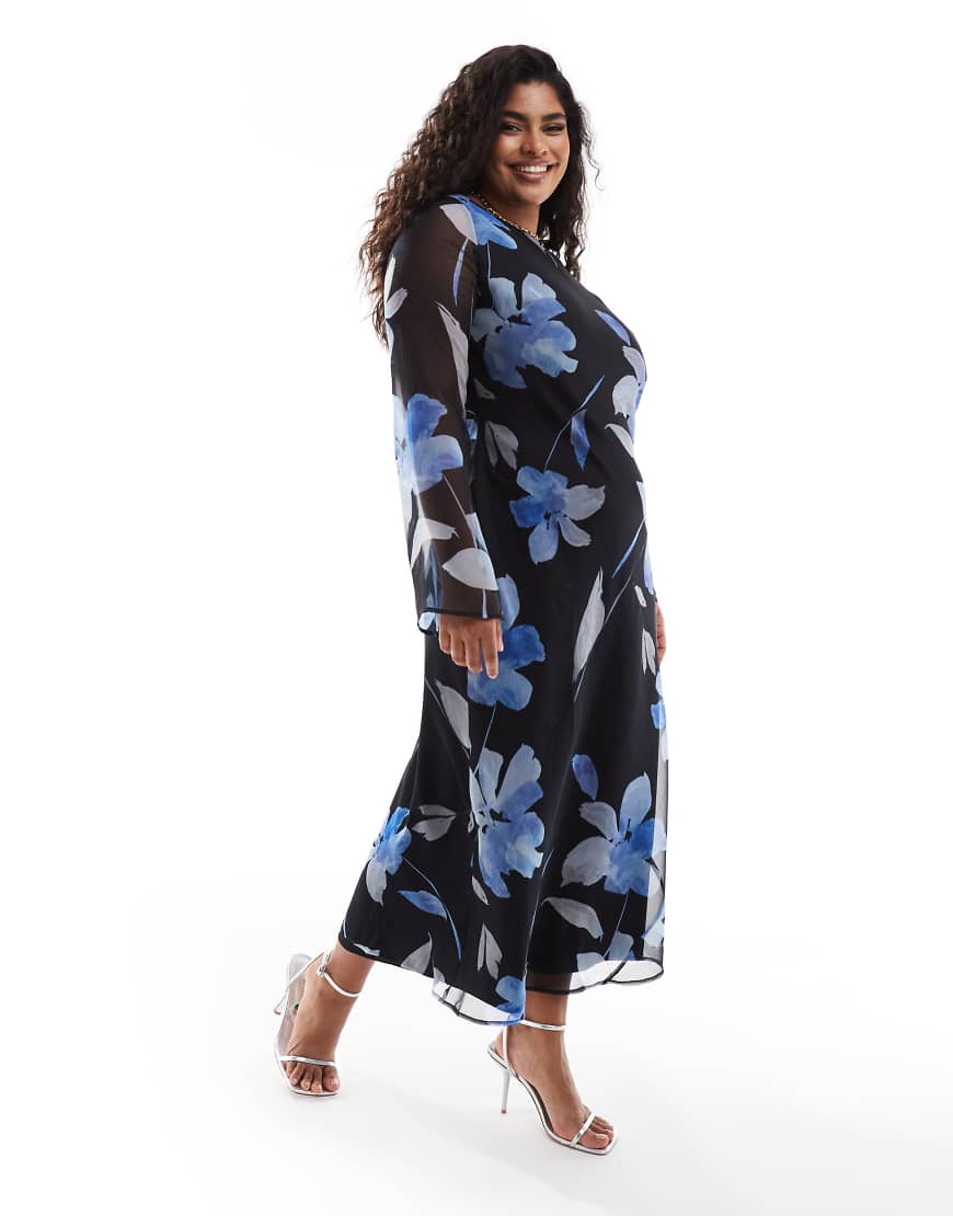 ASOS DESIGN Curve chiffon long sleeve midi dress in blue print