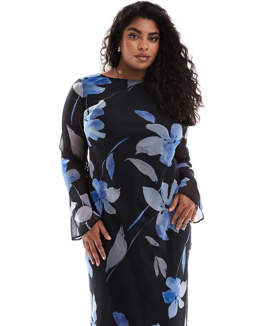 ASOS DESIGN Curve chiffon long sleeve midi dress in blue print