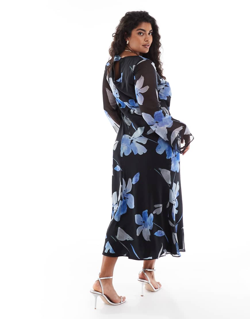 ASOS DESIGN Curve chiffon long sleeve midi dress in blue print