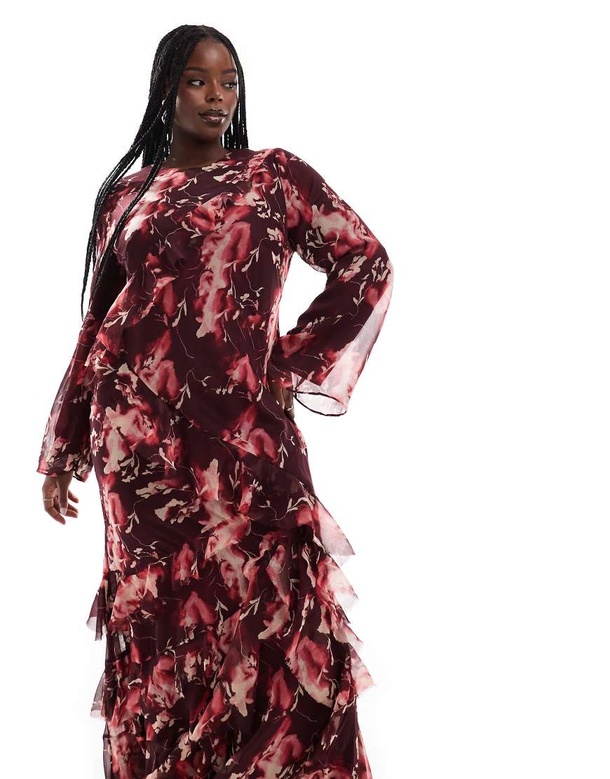 ASOS DESIGN Curve fluted long sleeve extreme ruffle maxi dress in burgundy abstract floral print