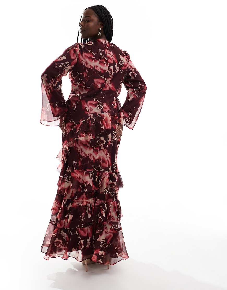 ASOS DESIGN Curve fluted long sleeve extreme ruffle maxi dress in burgundy abstract floral print