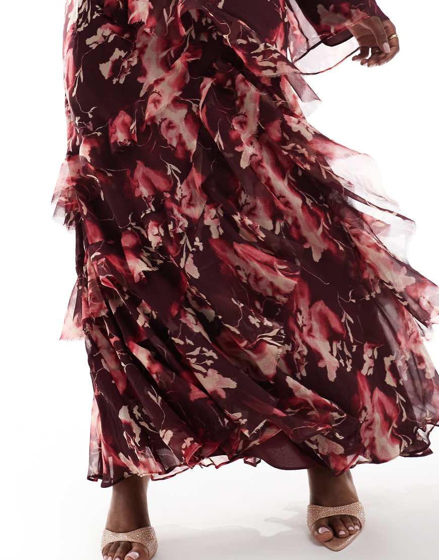 ASOS DESIGN Curve fluted long sleeve extreme ruffle maxi dress in burgundy abstract floral print