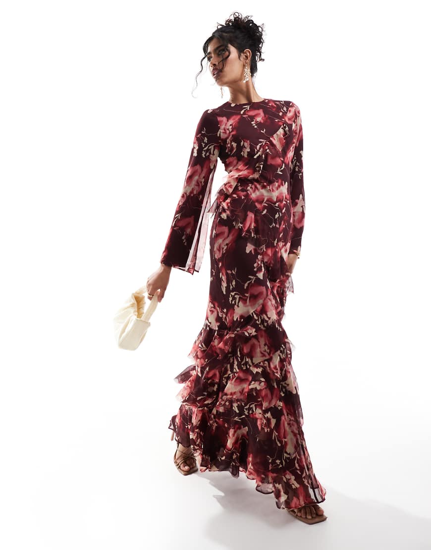 ASOS DESIGN Curve fluted long sleeve extreme ruffle maxi dress in burgundy abstract floral print