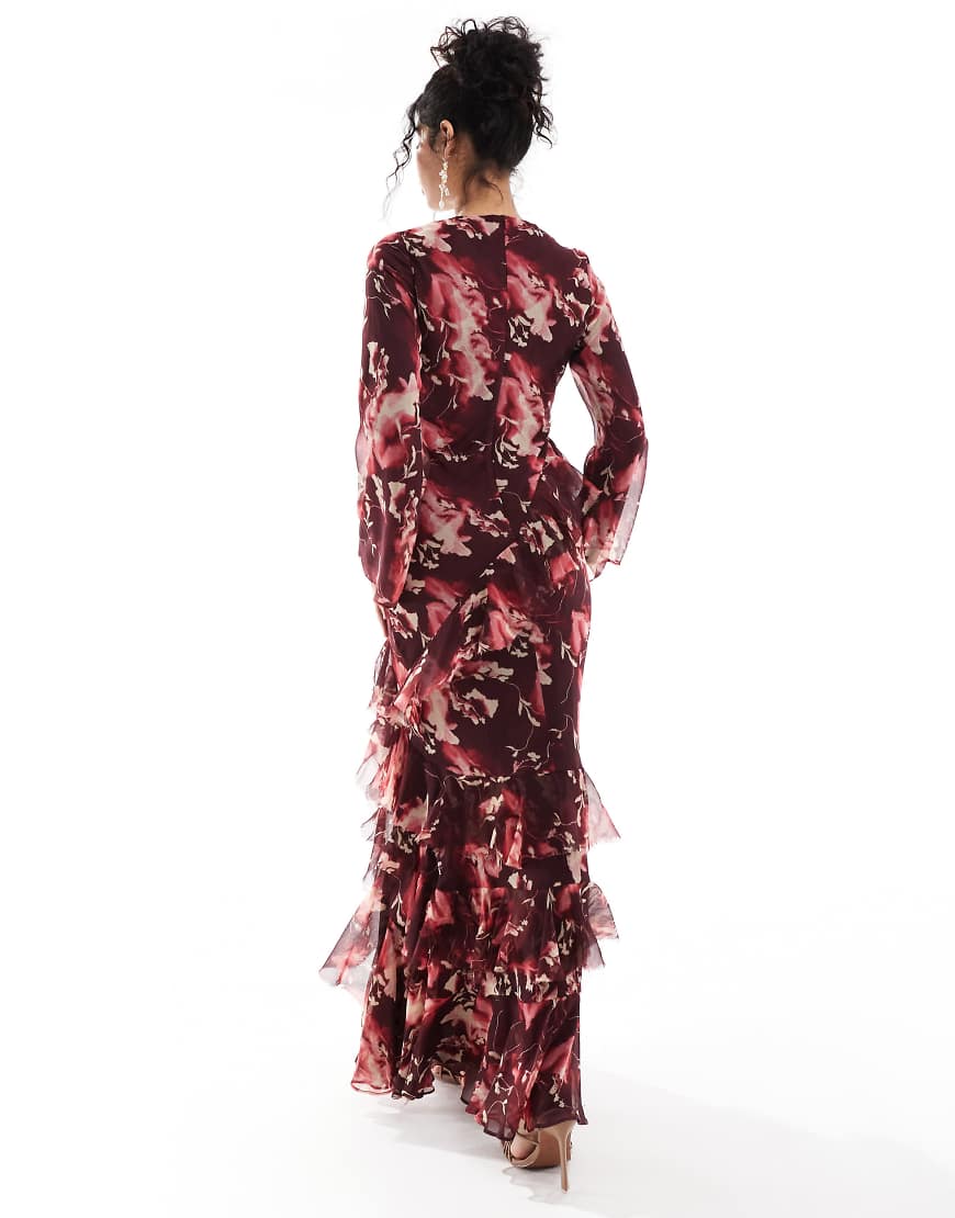 ASOS DESIGN Curve fluted long sleeve extreme ruffle maxi dress in burgundy abstract floral print