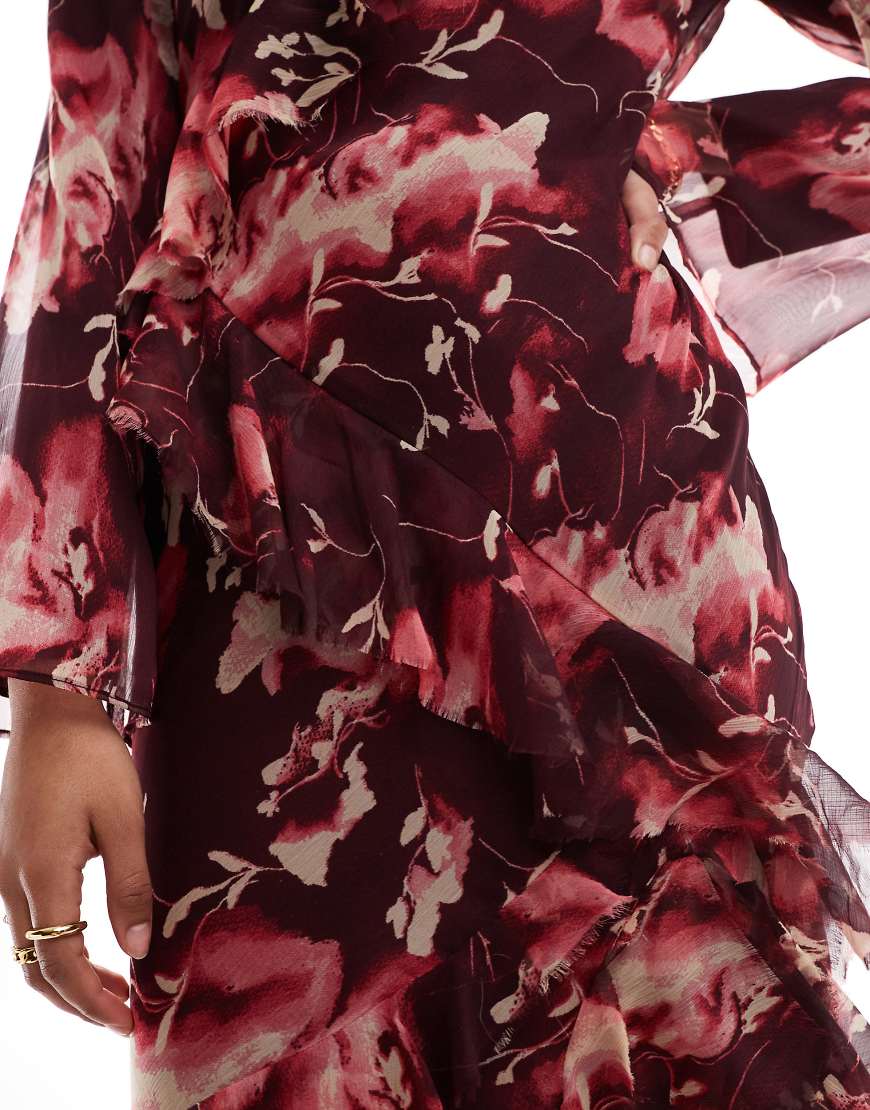 ASOS DESIGN Curve fluted long sleeve extreme ruffle maxi dress in burgundy abstract floral print