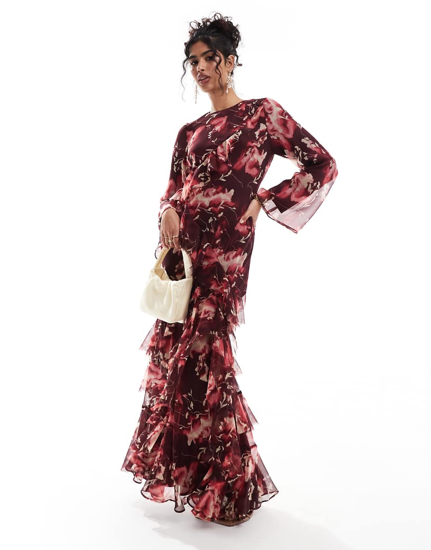 ASOS DESIGN Curve fluted long sleeve extreme ruffle maxi dress in burgundy abstract floral print