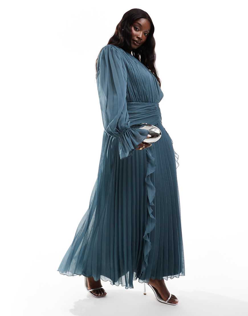 ASOS DESIGN Curve high neck ruched belt detail maxi dress in dark slate