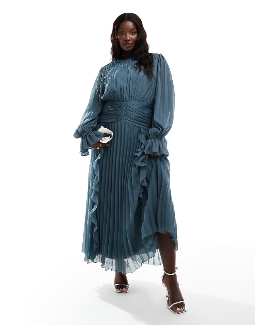 ASOS DESIGN Curve high neck ruched belt detail maxi dress in dark slate
