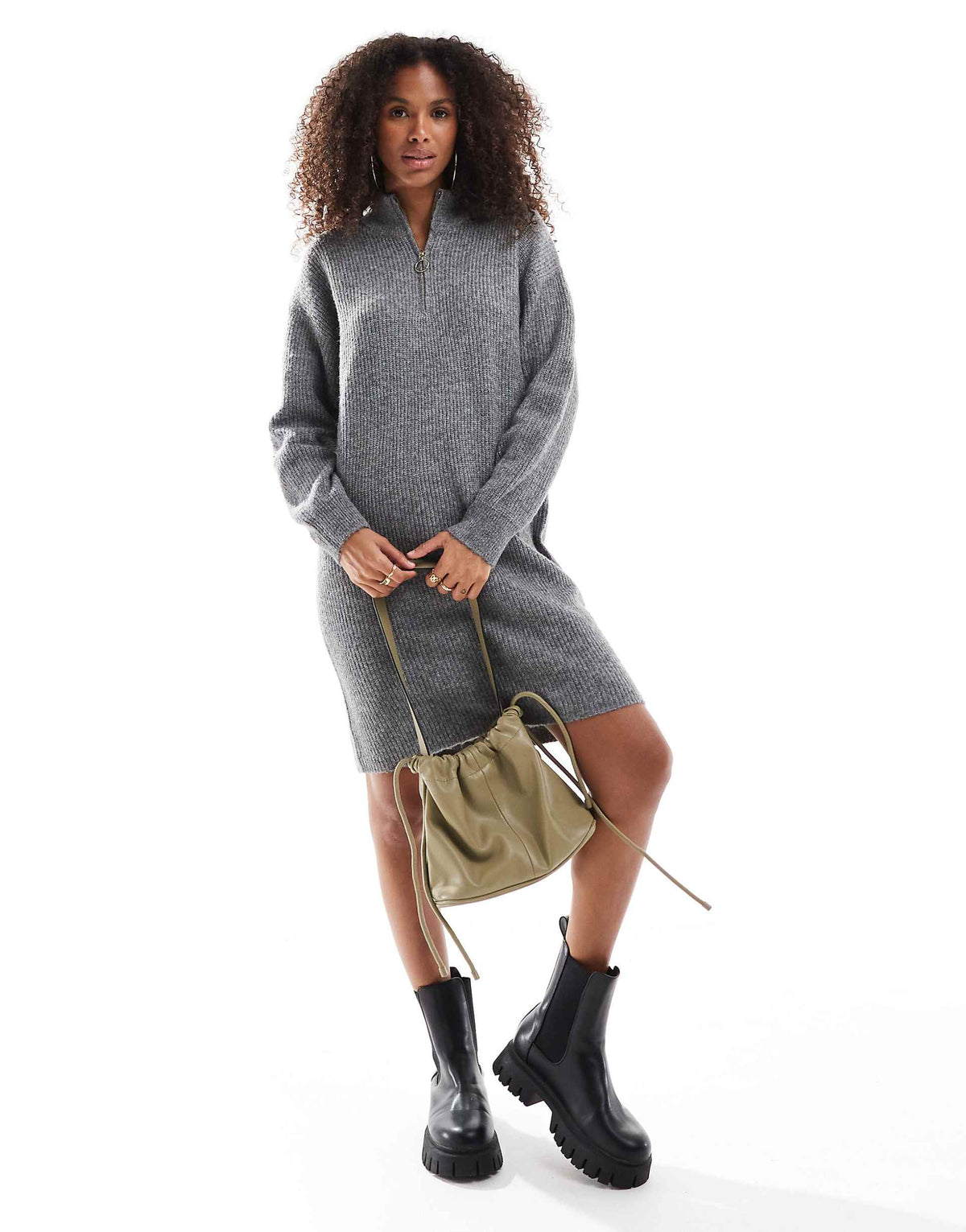 ONLY half zip midi sweater dress in dark gray melange