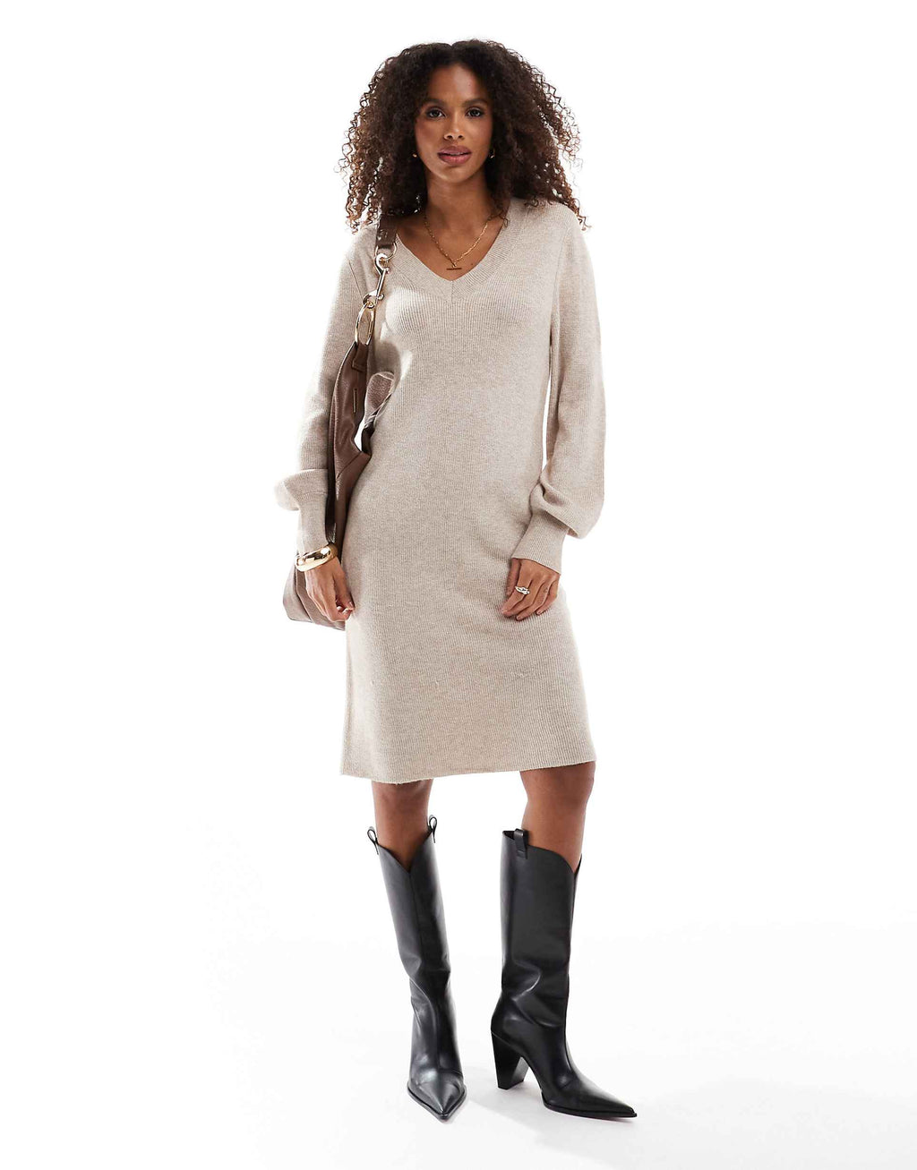 ONLY v-neck knit midi dress in beige