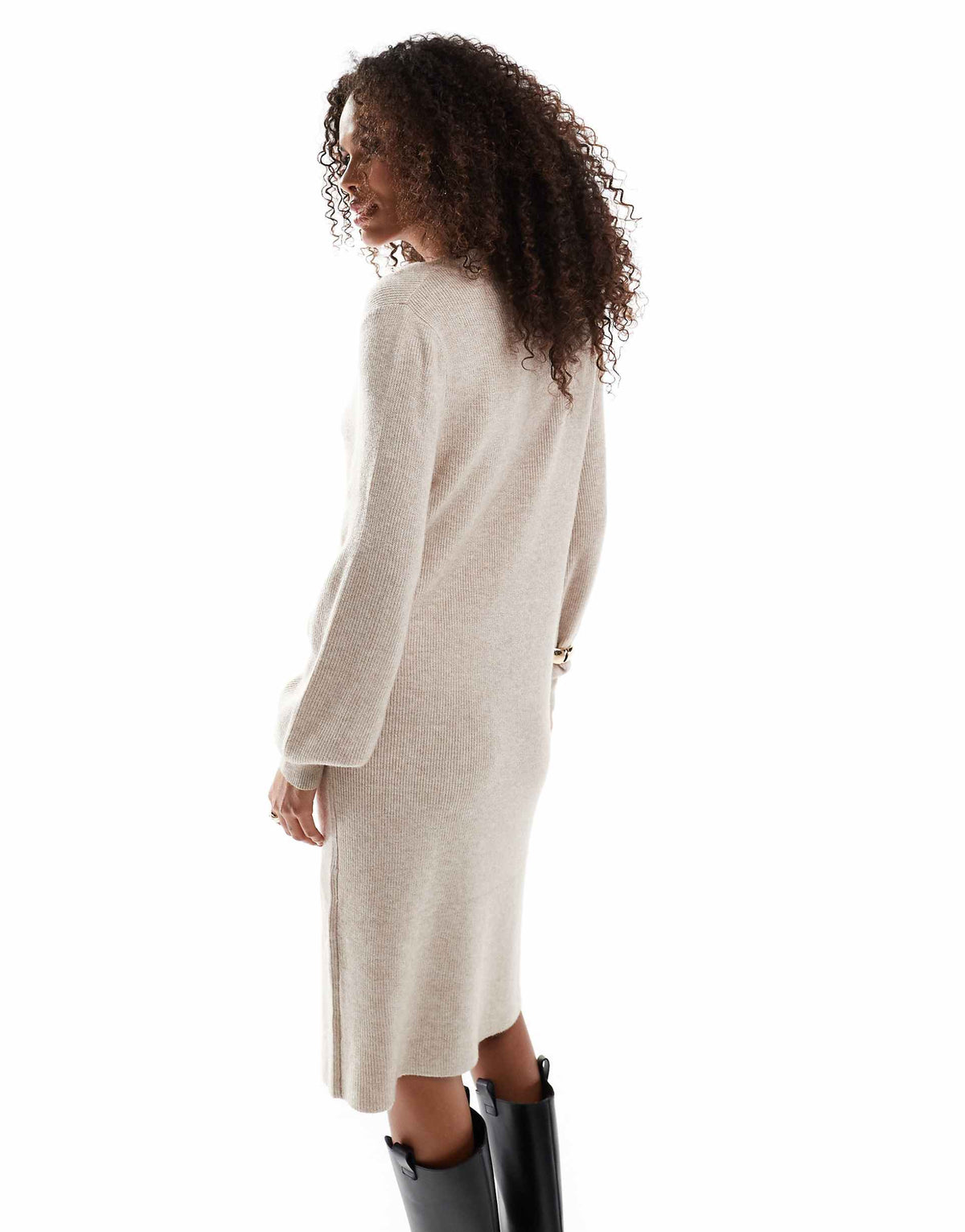 ONLY v-neck knit midi dress in beige