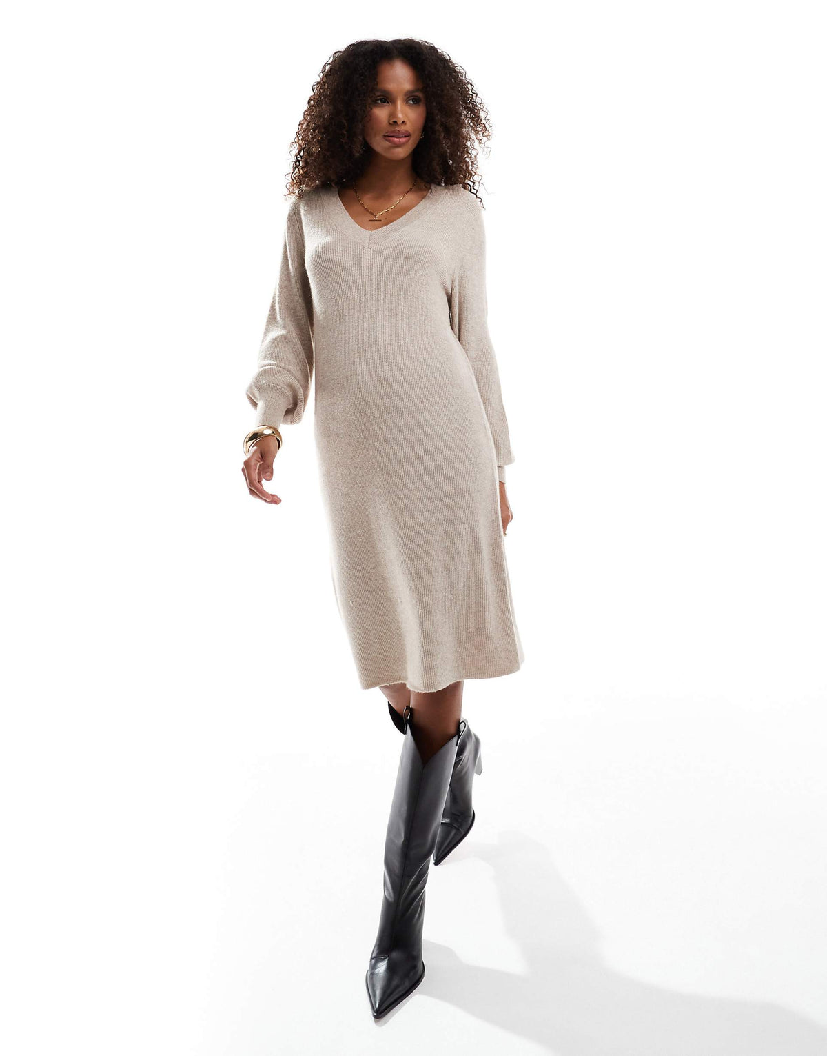 ONLY v-neck knit midi dress in beige