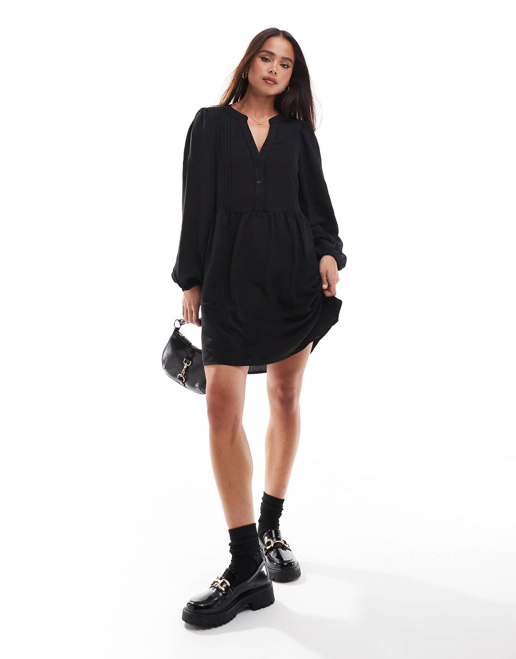 Vero Moda v-neck smock mini dress with puff sleeves in black