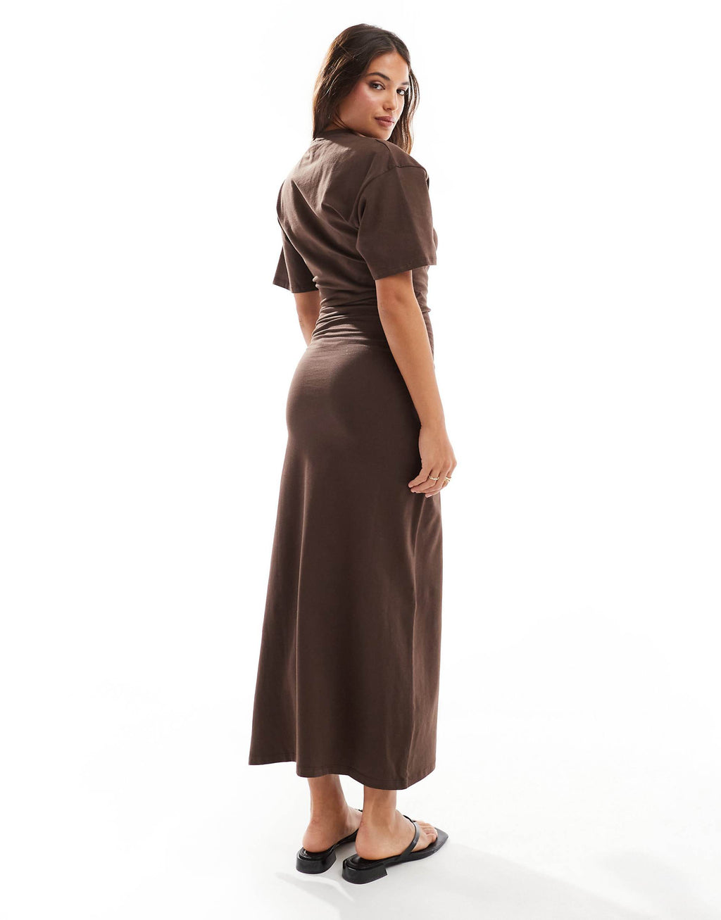 ASOS DESIGN crew neck midi T-shirt dress with ruched side in chocolate