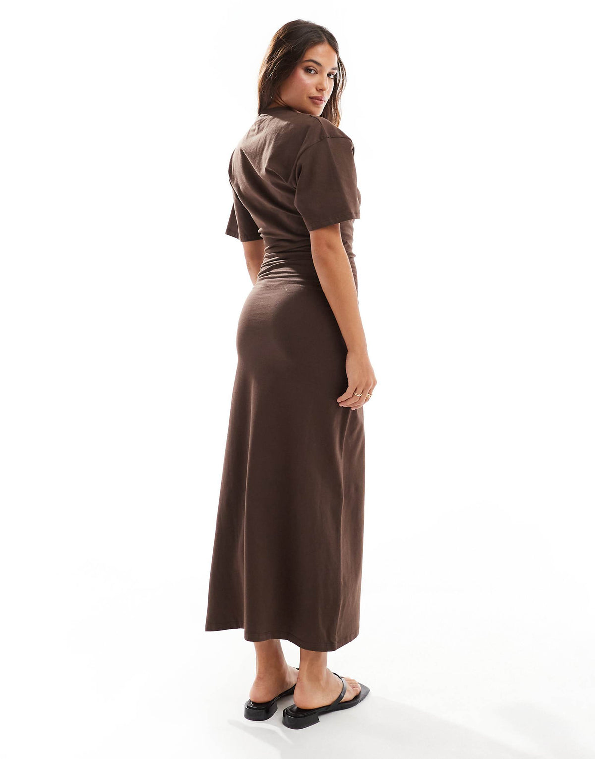 ASOS DESIGN crew neck midi T-shirt dress with ruched side in chocolate