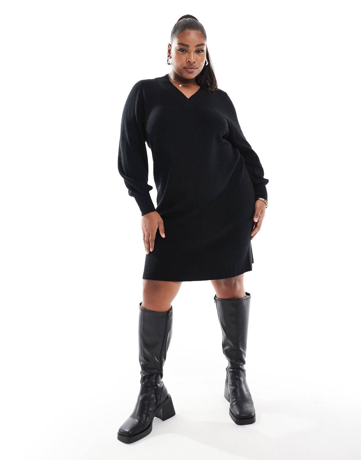 ONLY Curve v-neck knit mini dress in black
