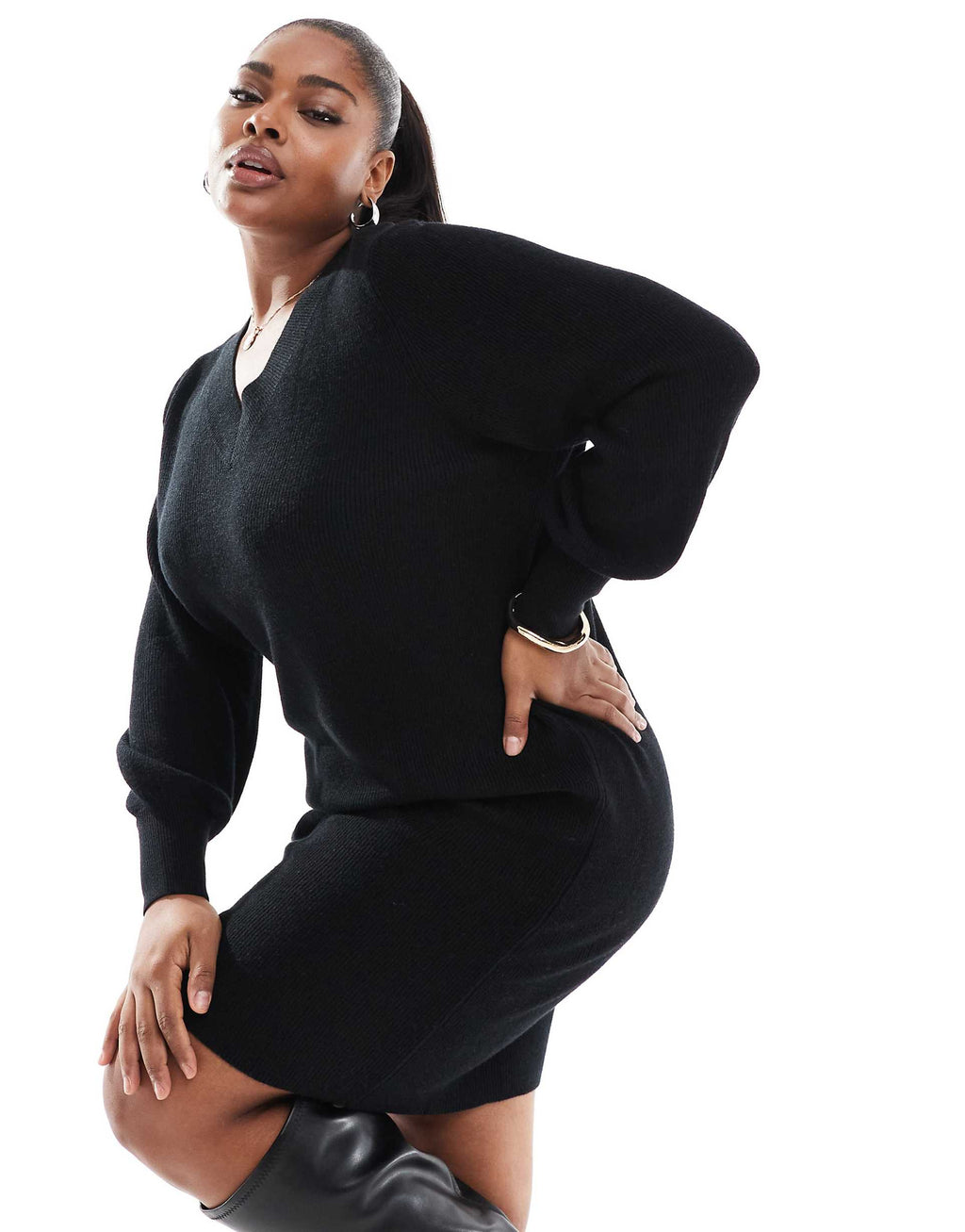 ONLY Curve v-neck knit mini dress in black