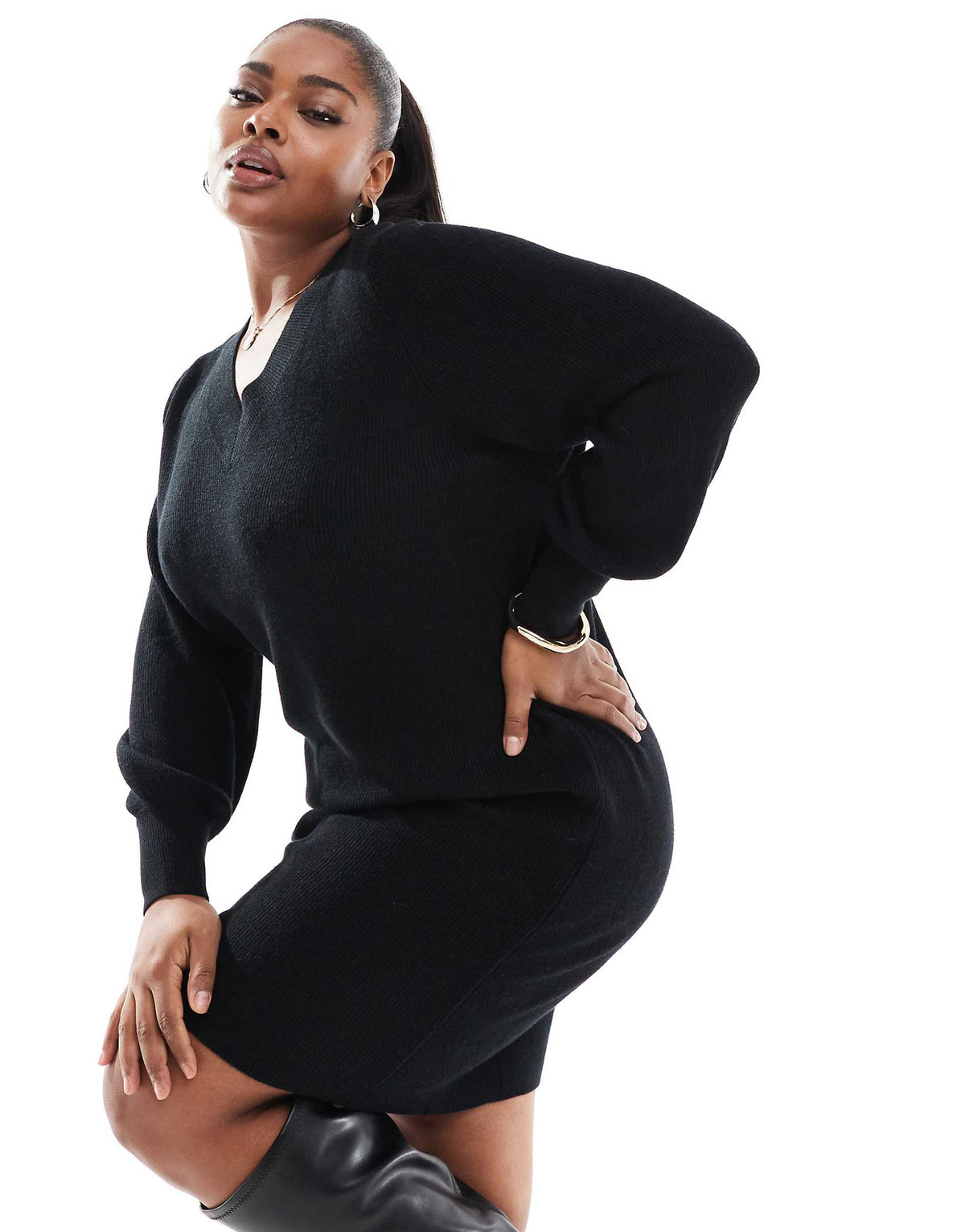 ONLY Curve v-neck knit mini dress in black