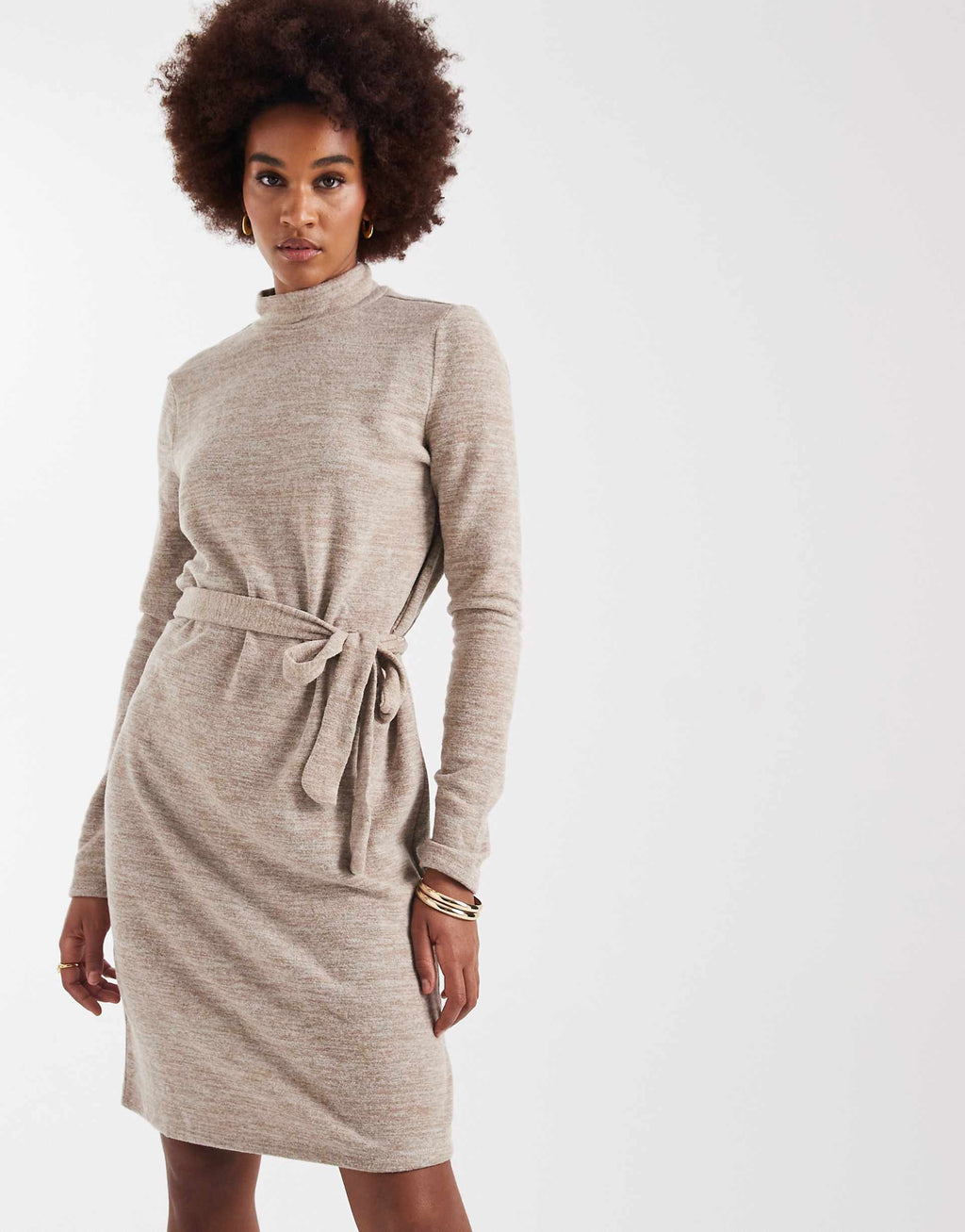 Vero Moda Tall high neck knitted mini dress with tie waist in stone