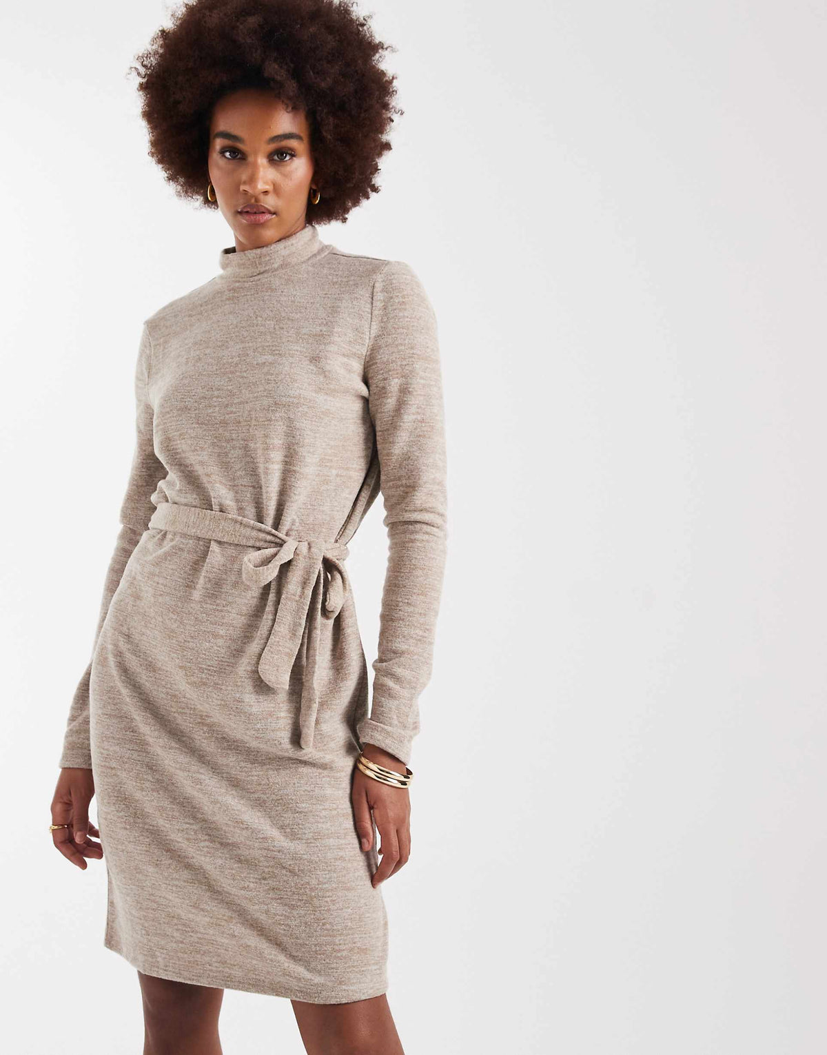 Vero Moda Tall high neck knitted mini dress with tie waist in stone