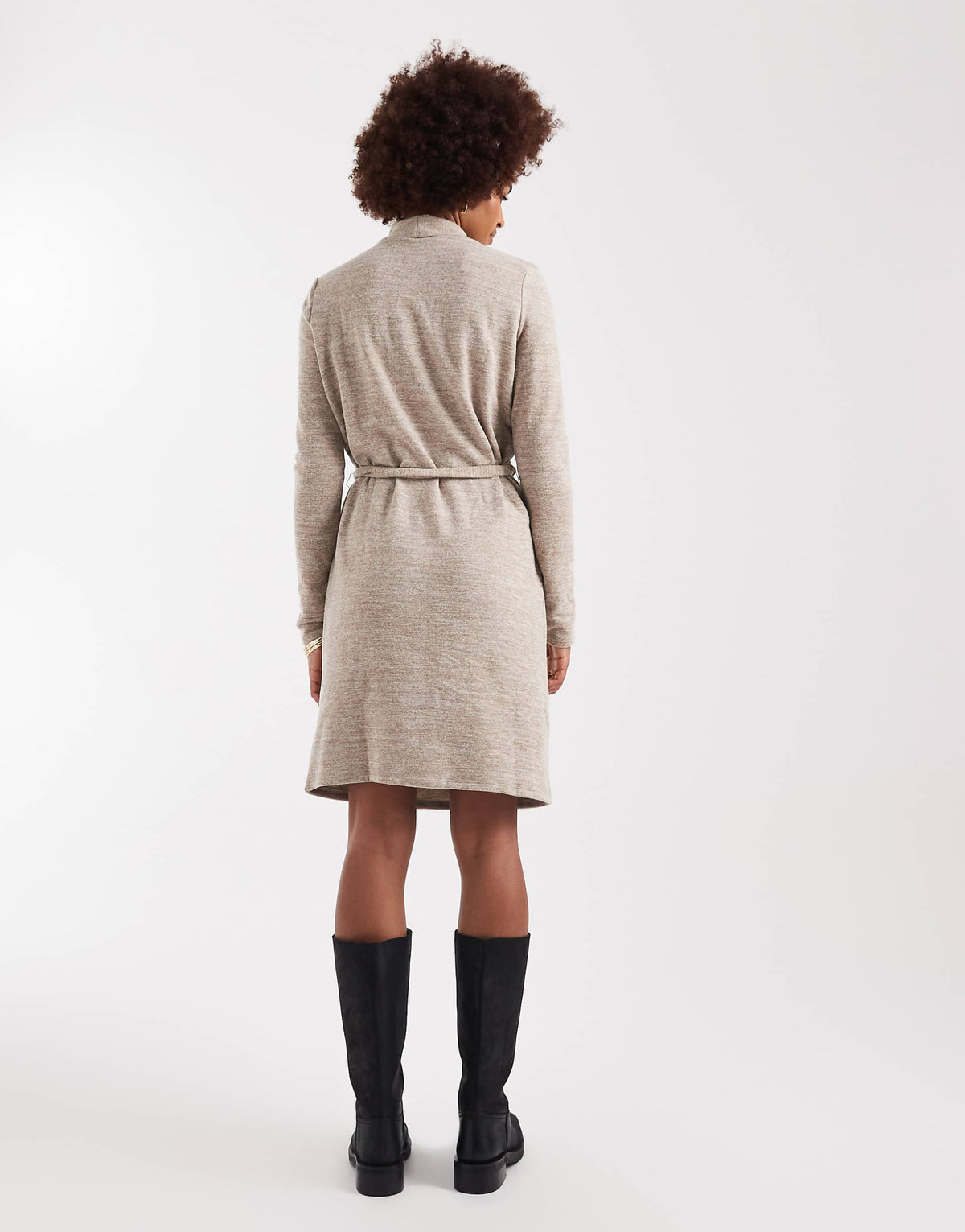 Vero Moda Tall high neck knitted mini dress with tie waist in stone