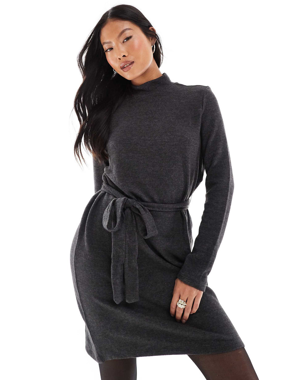 Vero Moda Petite high neck knit mini dress with tie waist in black