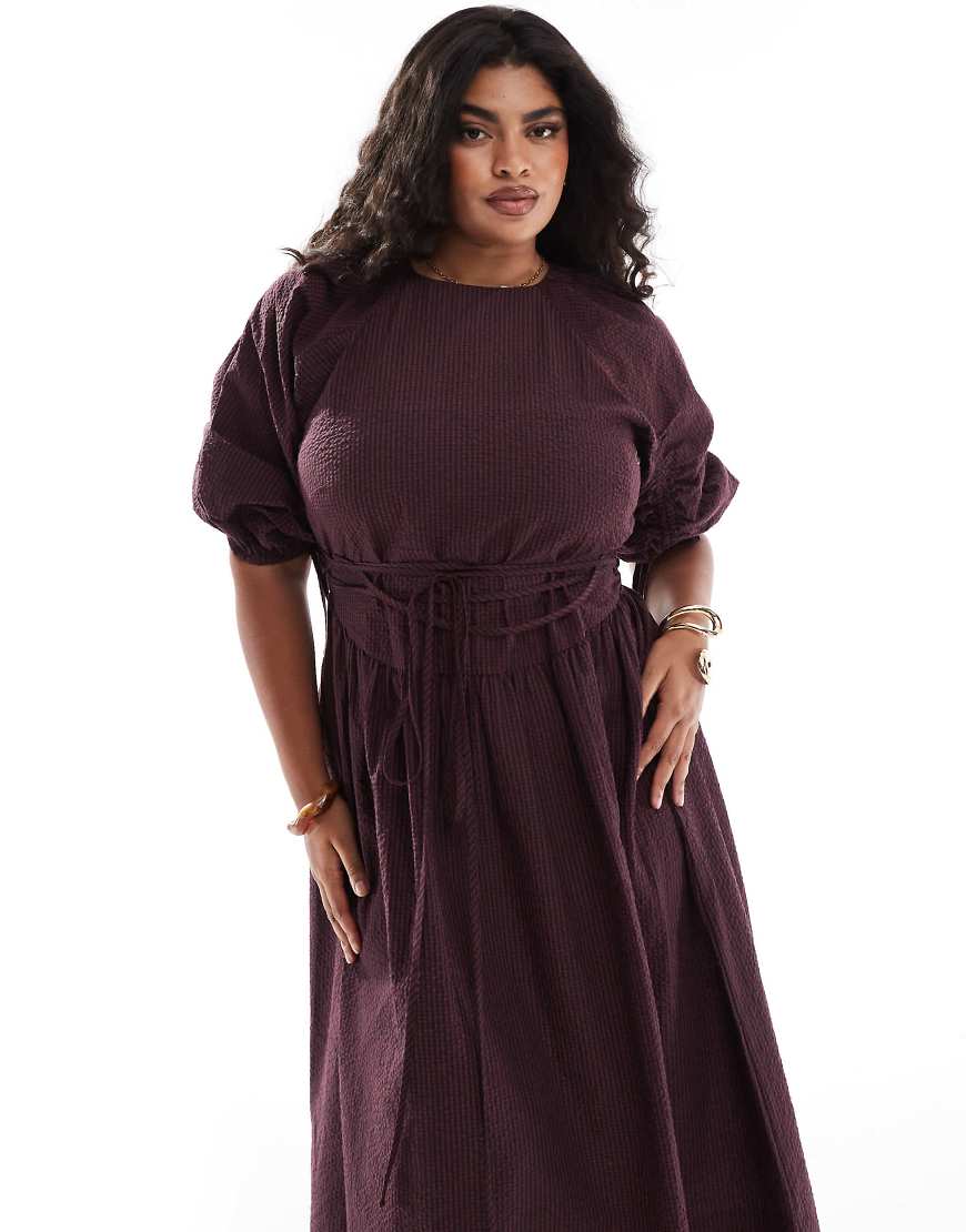 ASOS DESIGN Curve midi tie waist dress in burgundy check print