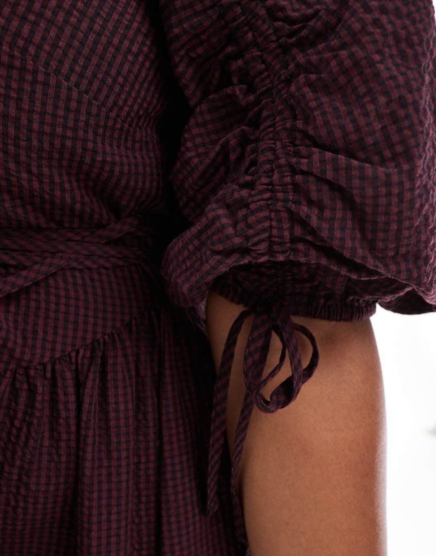 ASOS DESIGN Curve midi tie waist dress in burgundy check print